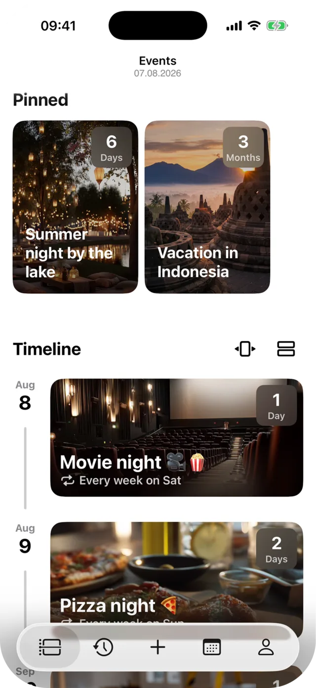 Events overview with pinned events and timeline
